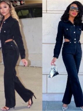 Zara Full Length Side Cut Out Long sleeve Denim Tre Pant Jumpsuit Black Size XS